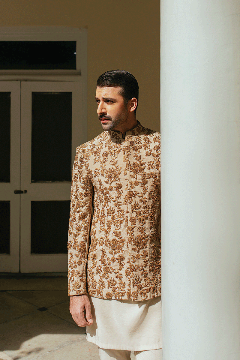 Shimmer Gold Floral Embellished Silk-Blend Prince Coat (3-Piece) - Image 2