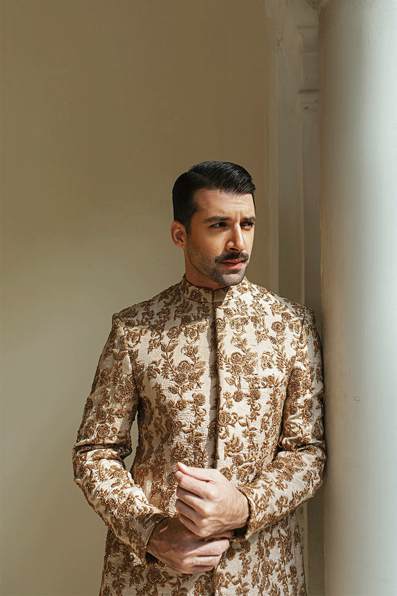 Shimmer Gold Floral Embellished Silk-Blend Prince Coat (3-Piece) - Image 3