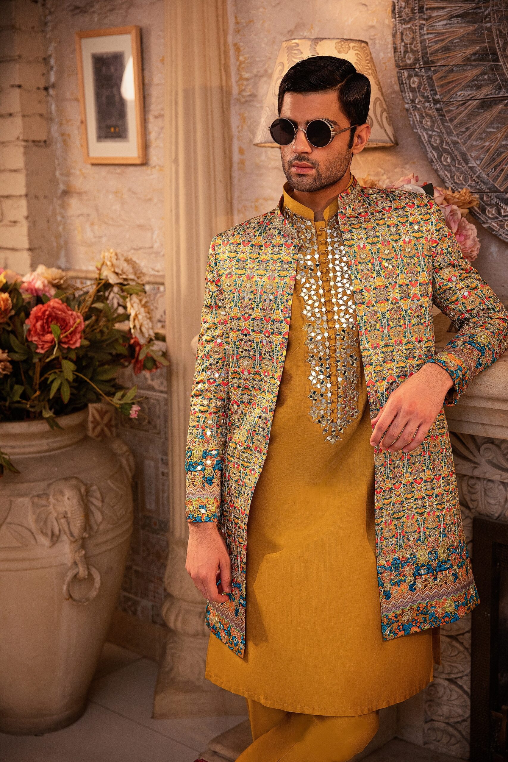 Gold Mirror Embroidered Silk-Blend Prince Coat (3-Piece) - Image 1