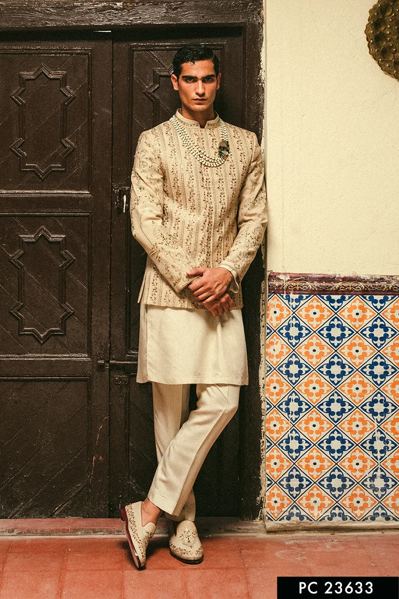 Sand Gold Embroidered Silk-Blend Prince Coat (3-Piece) - Image 1