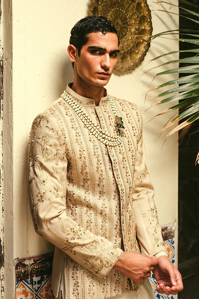 Sand Gold Embroidered Silk-Blend Prince Coat (3-Piece) - Image 2