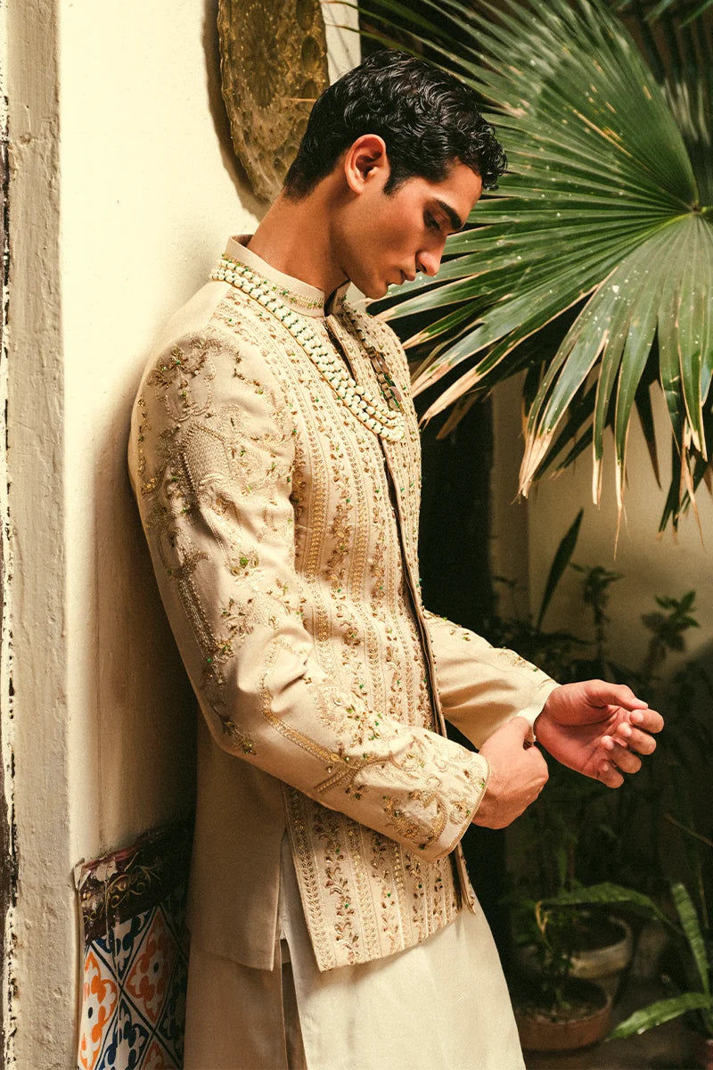 Sand Gold Embroidered Silk-Blend Prince Coat (3-Piece) - Image 3