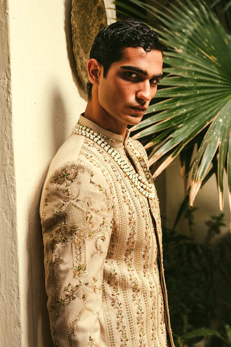 Sand Gold Embroidered Silk-Blend Prince Coat (3-Piece) - Image 4