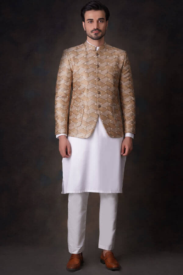 Gold Zari Embroidered Silk-Blend Prince Jacket (3-Piece) - Image 1