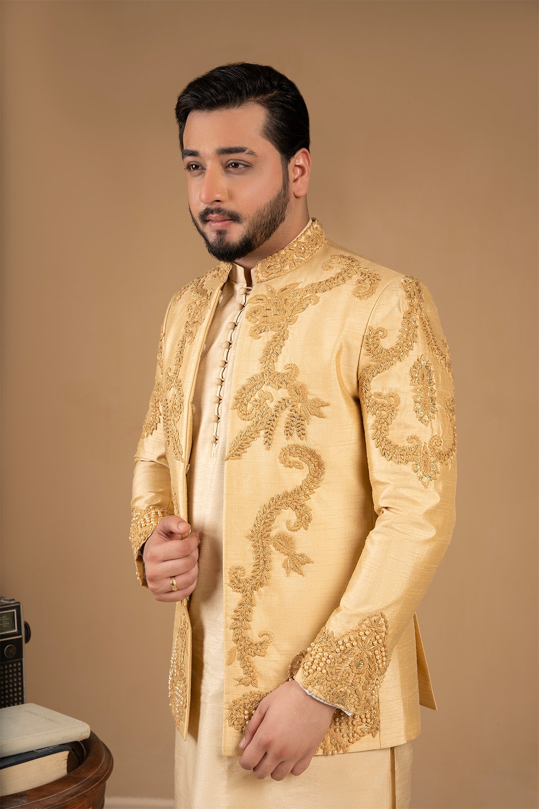 Light Gold Embroidered Silk Prince Coat (1-Pc) - Image 2