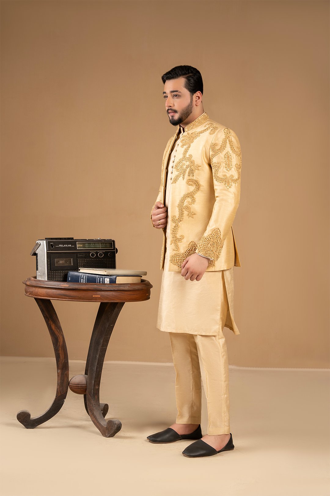Light Gold Embroidered Silk Prince Coat (1-Pc) - Image 3