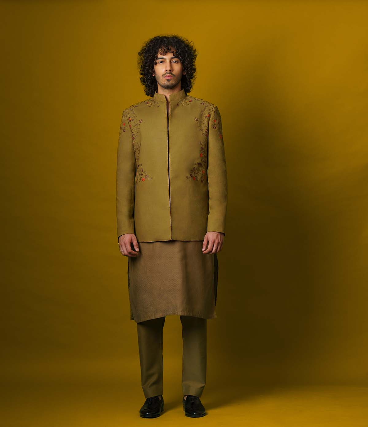 Old Gold Embroidered Suiting Prince Coat (3-Piece) - Image 1