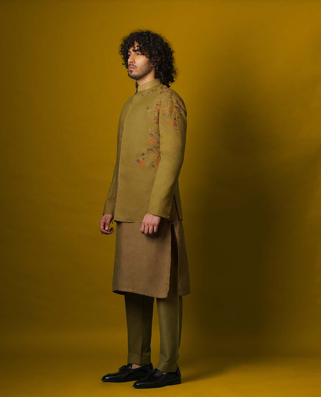 Old Gold Embroidered Suiting Prince Coat (3-Piece) - Image 2