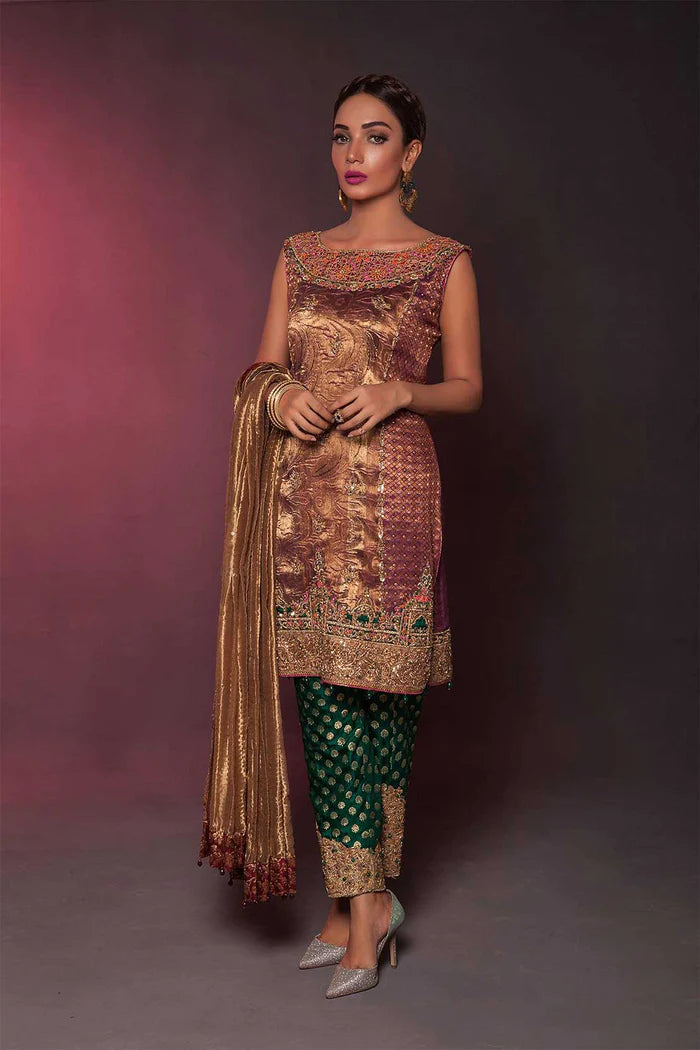 Antique Gold Brocade Kameez with Green Banarasi Trousers (3-Piece) - Image 1
