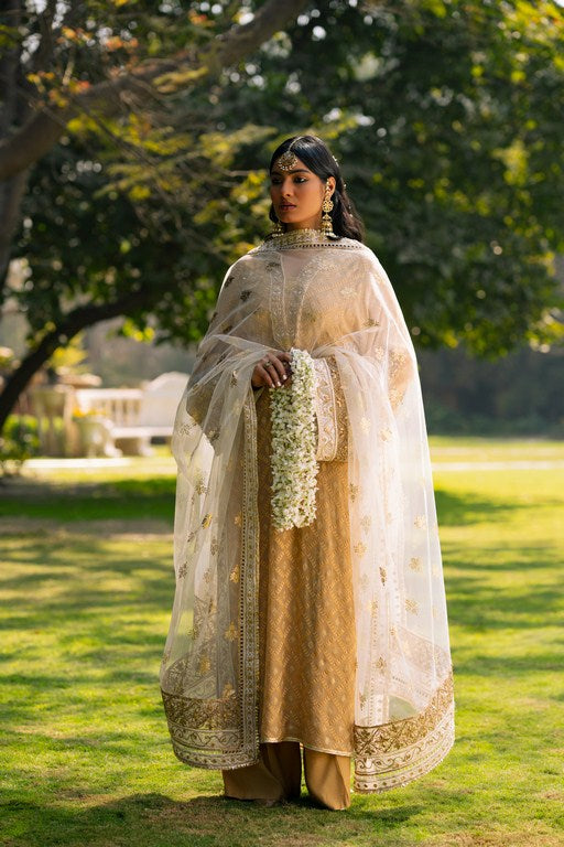 White Gota Lace Net Dupatta with Gold Brocade Kameez (3-Piece) - Image 1