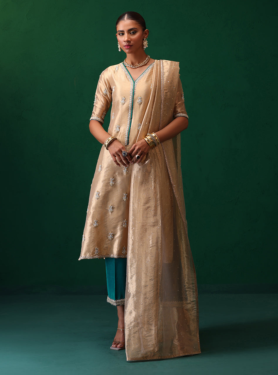 Pakistani Champagne Embroidered Brocade Salwar Kameez (3-Piece) - Image 1