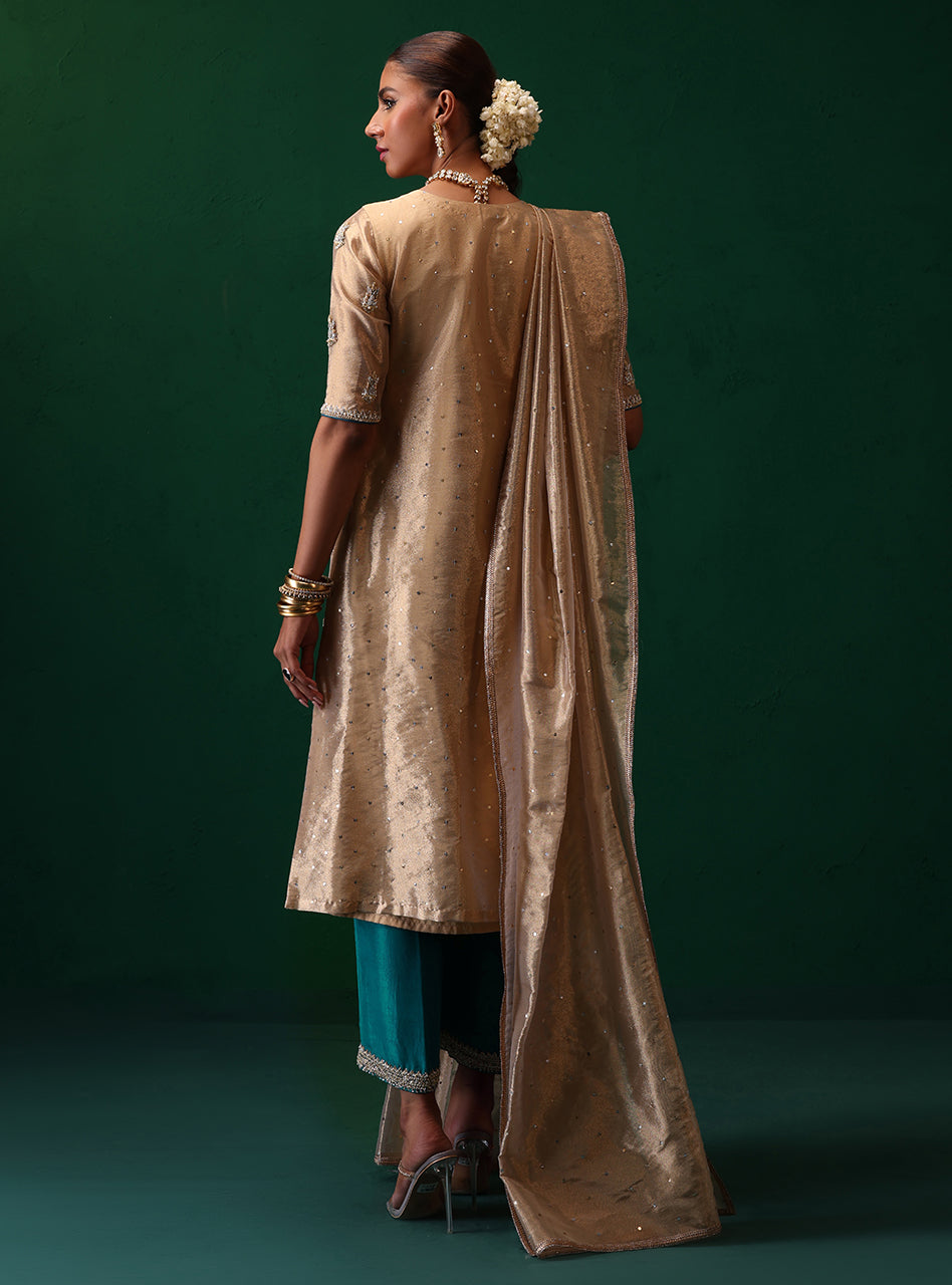 Pakistani Champagne Embroidered Brocade Salwar Kameez (3-Piece) - Image 2