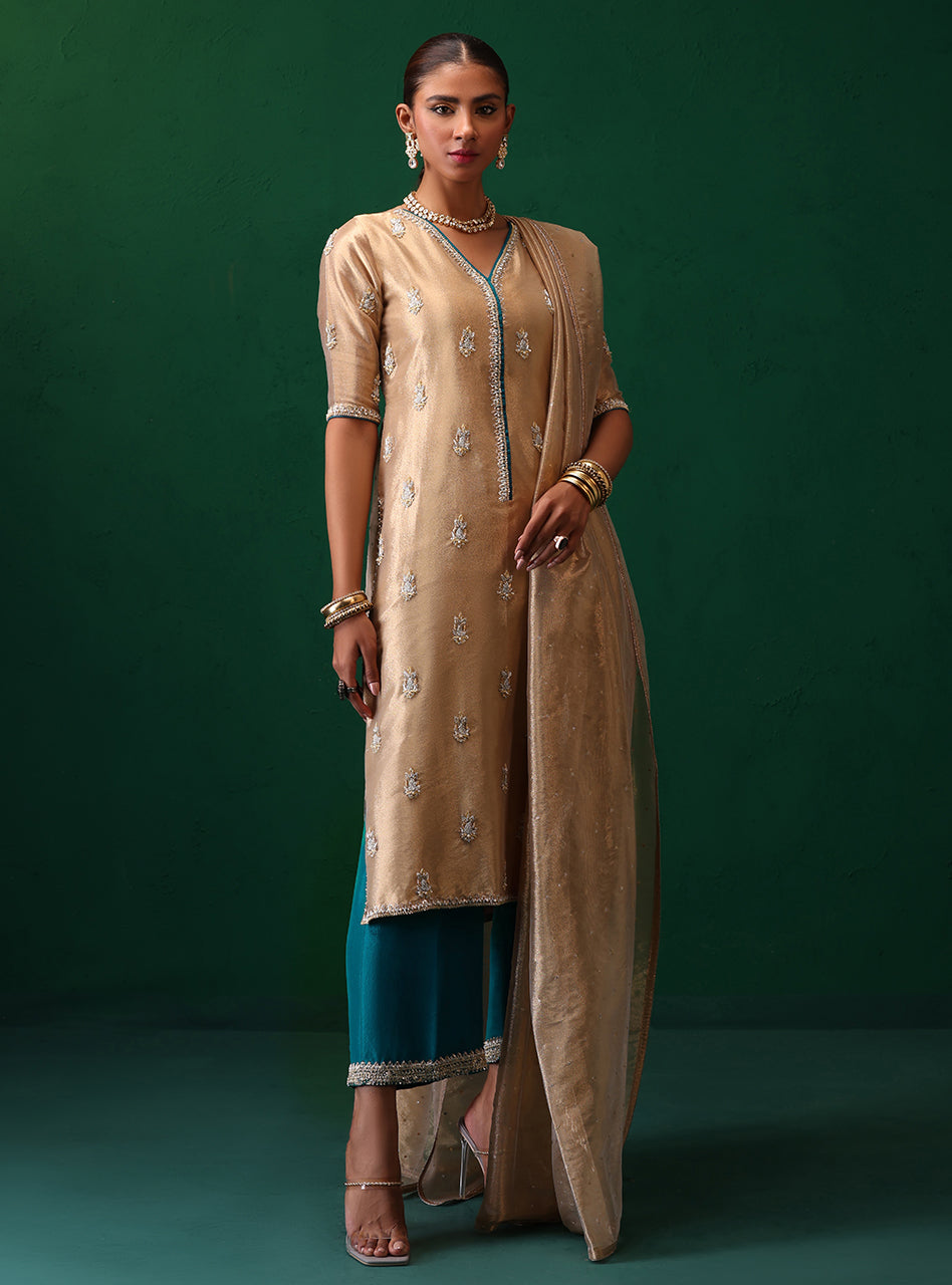 Pakistani Champagne Embroidered Brocade Salwar Kameez (3-Piece) - Image 3