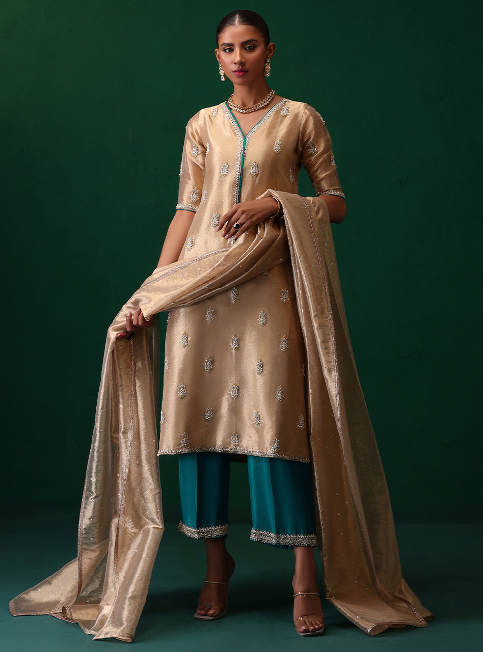 Pakistani Champagne Embroidered Brocade Salwar Kameez (3-Piece) - Image 4