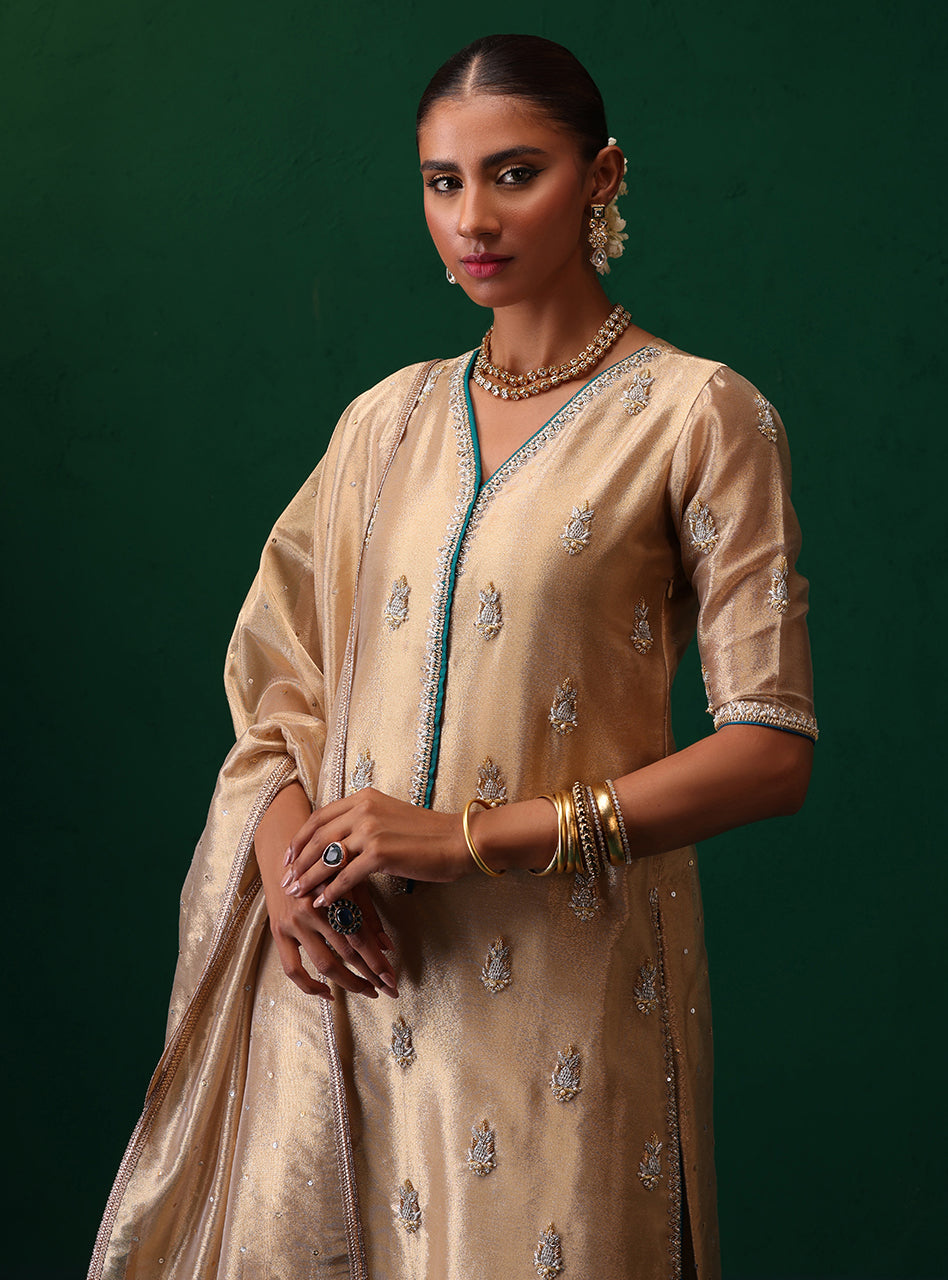 Pakistani Champagne Embroidered Brocade Salwar Kameez (3-Piece) - Image 8