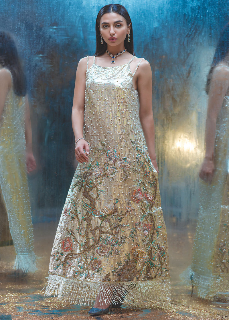 Gold Embroidered Tissue Brocade Salwar Kameez (3-Piece) - Image 1