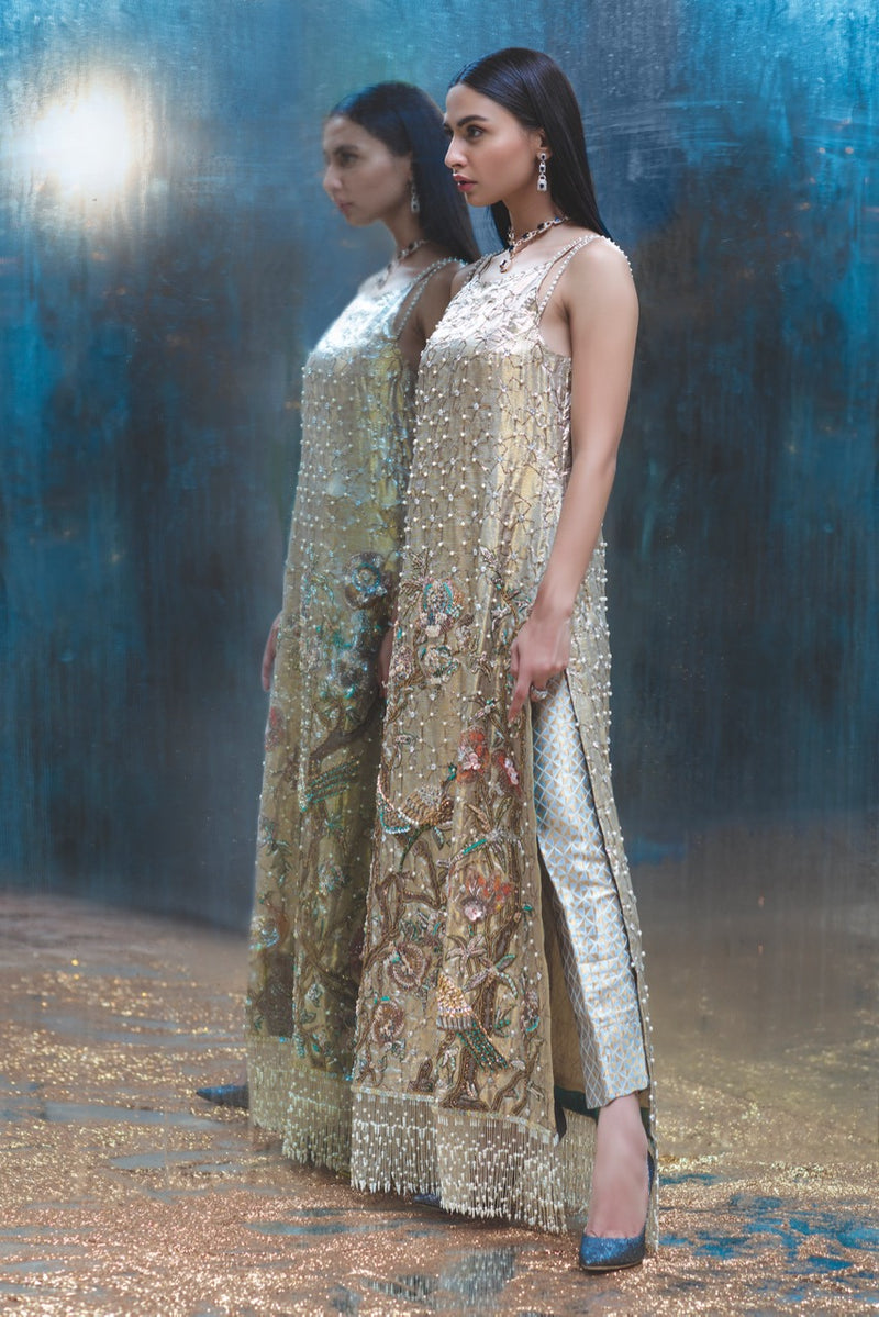 Gold Embroidered Tissue Brocade Salwar Kameez (3-Piece) - Image 2