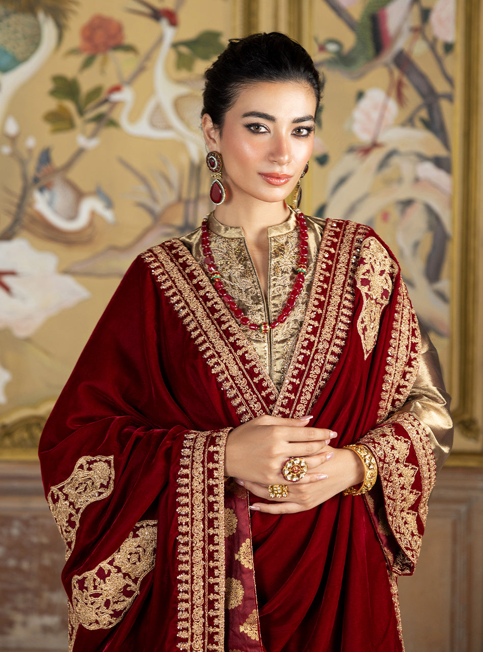 Gold Brocade Kurta Set with Velvet Shawl (3-Piece) - Image 3