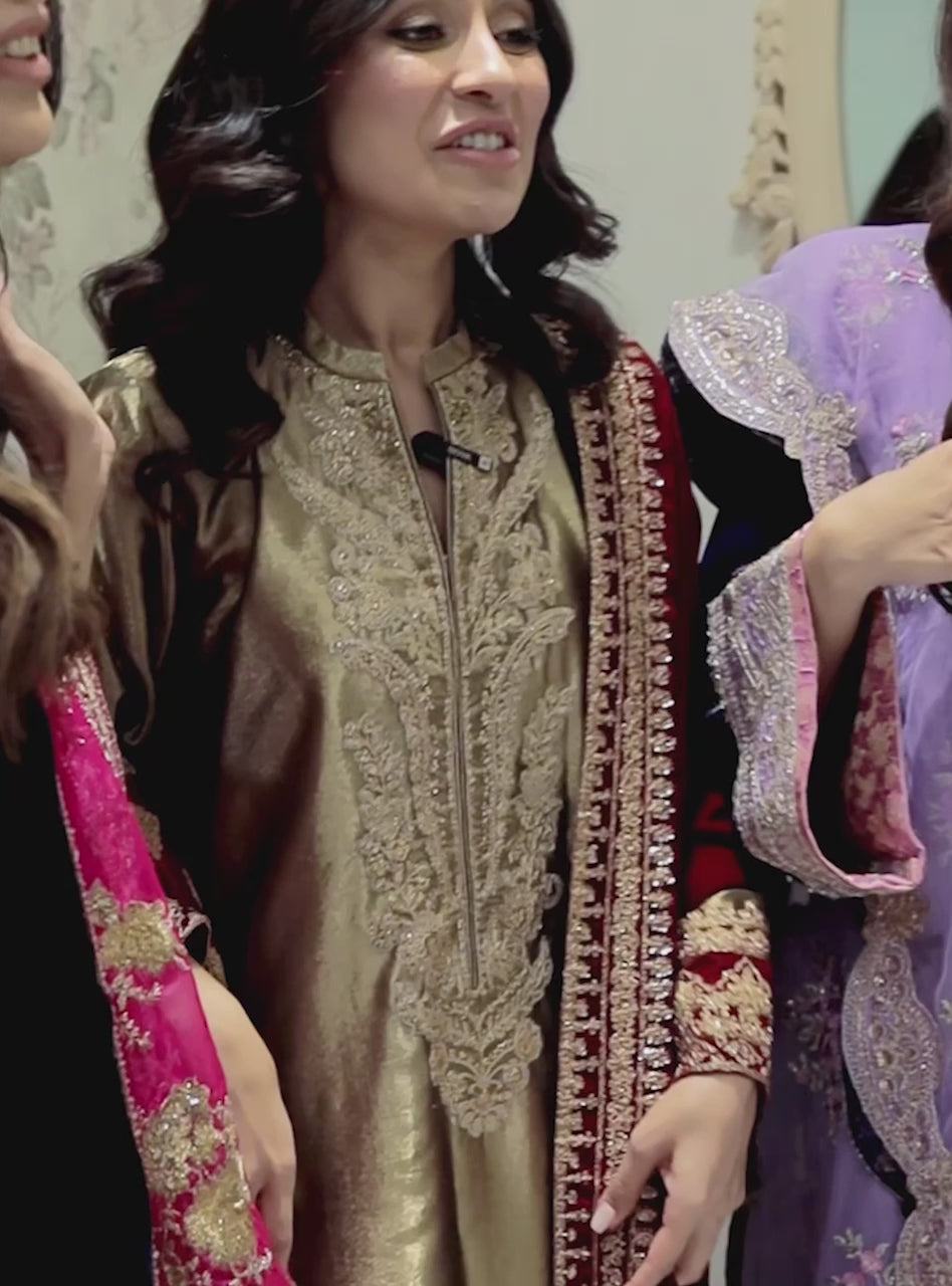 Gold Brocade Kurta Set with Velvet Shawl (3-Piece) - Image 4
