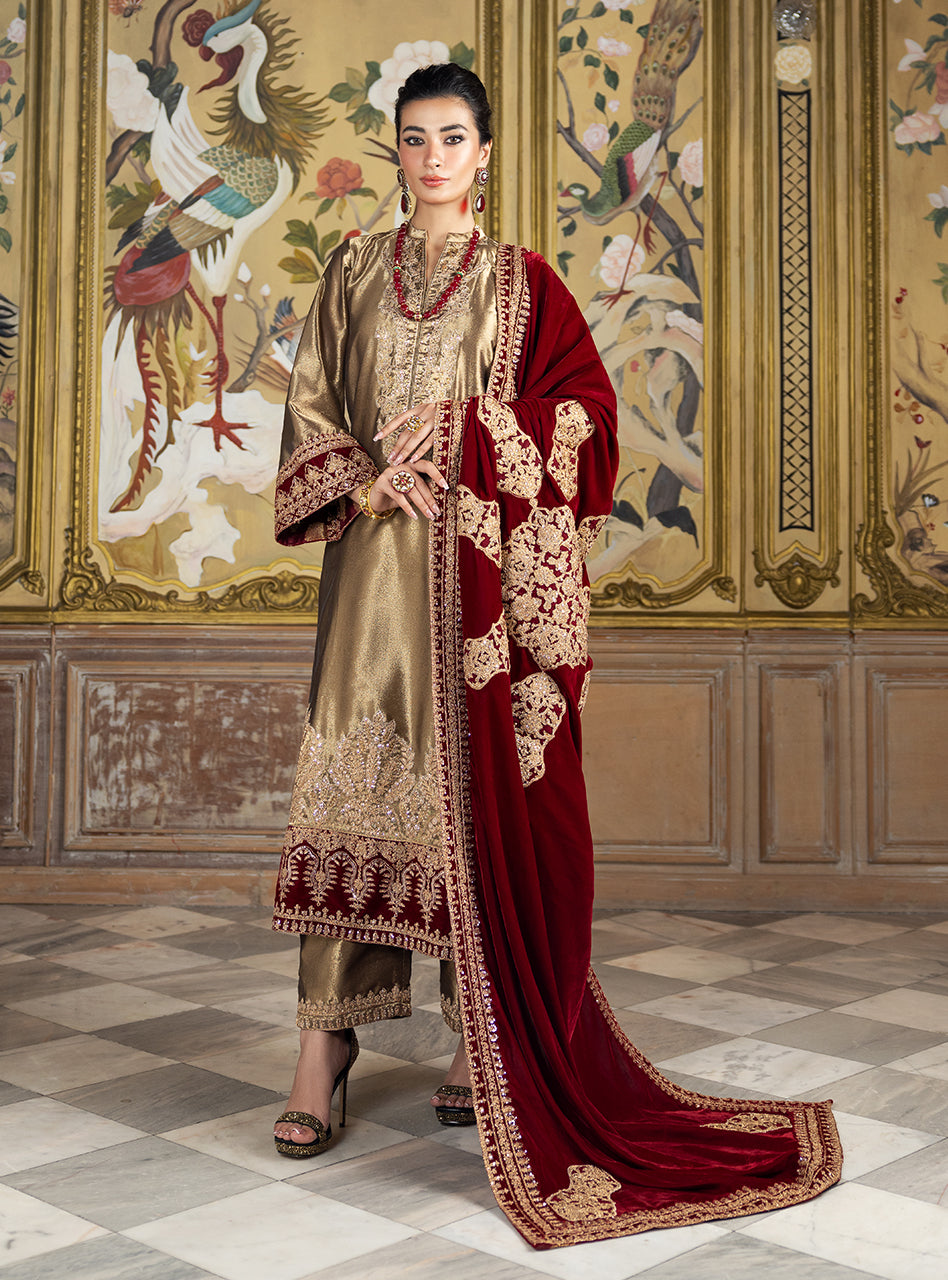 Pakistani Gold Embroidered Brocade Salwar Kameez (3-Piece) - Image 1