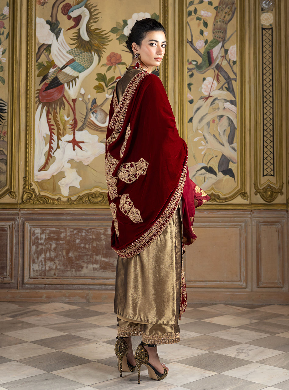 Pakistani Gold Embroidered Brocade Salwar Kameez (3-Piece) - Image 4