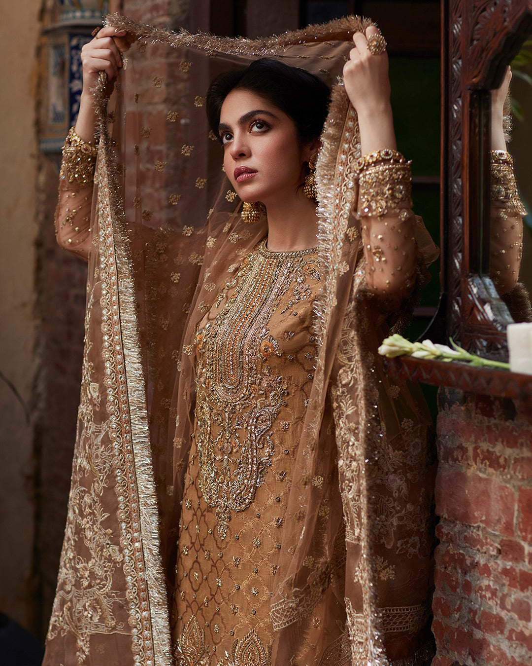 Pakistani Golden Embellished Chiffon Salwar Kameez (3-Piece) - Image 5