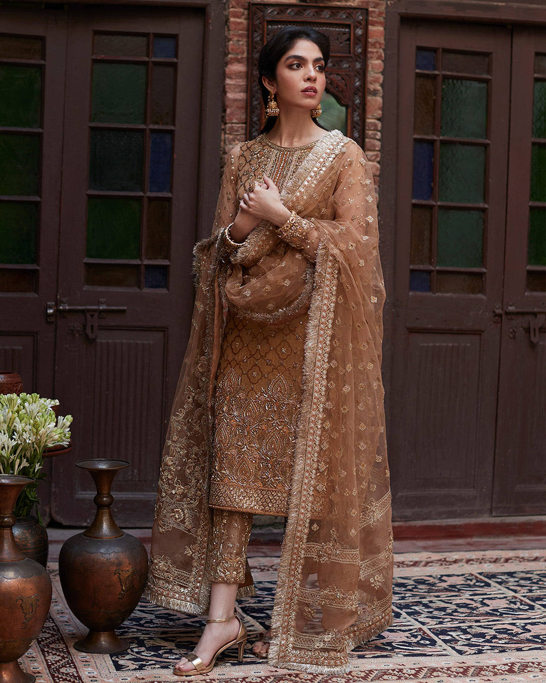 Golden Embellished Chiffon Salwar Kameez (3-Piece) - Image 1