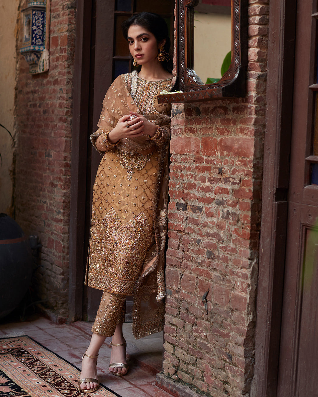 Golden Embellished Chiffon Salwar Kameez (3-Piece) - Image 3