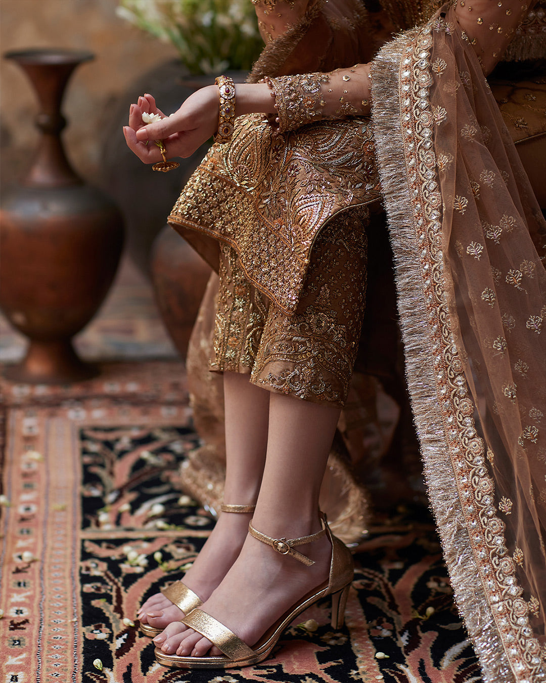 Golden Embellished Chiffon Salwar Kameez (3-Piece) - Image 4