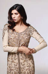 Pakistani Gold Hand-Embroidered Chiffon Salwar Kameez (3-Piece) - Image 3
