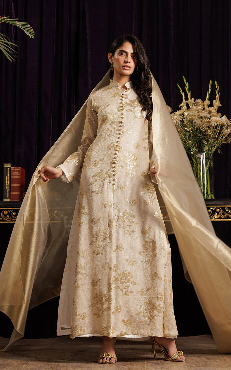 Pakistani Gold Embroidered Chiffon Jacket Dress (3-Piece) - Image 1