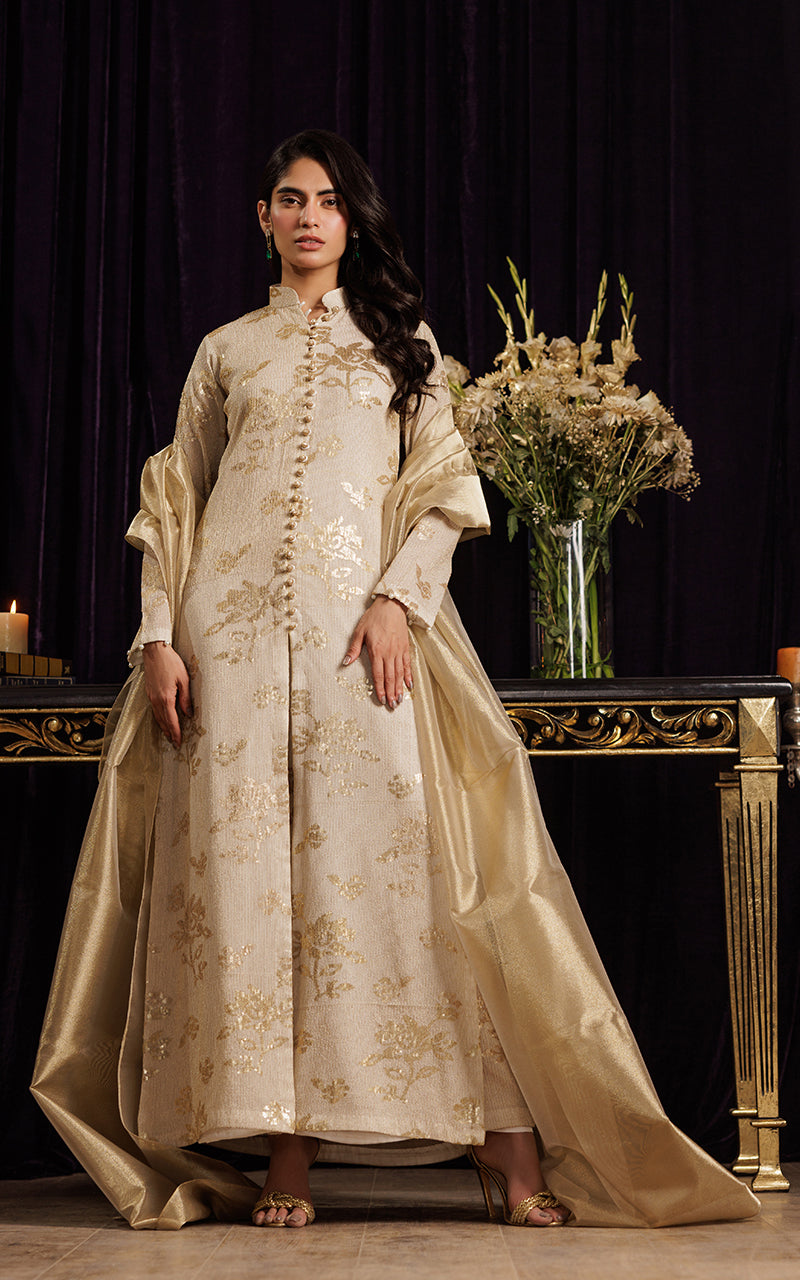 Pakistani Gold Embroidered Chiffon Jacket Dress (3-Piece) - Image 2