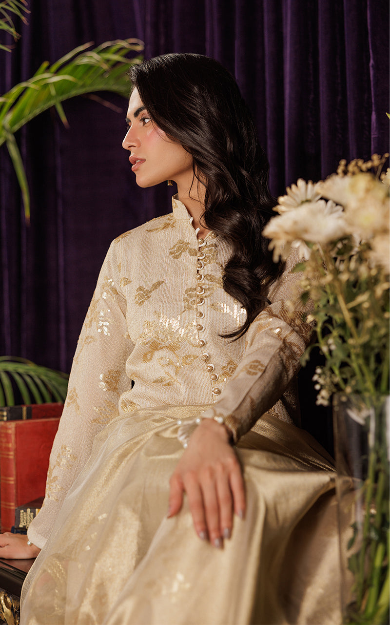 Pakistani Gold Embroidered Chiffon Jacket Dress (3-Piece) - Image 4