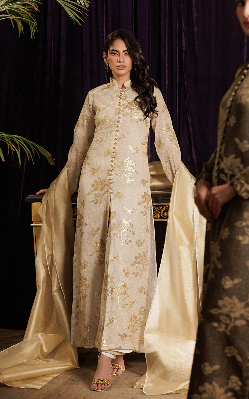 Pakistani Gold Embroidered Chiffon Jacket Dress (3-Piece) - Image 5