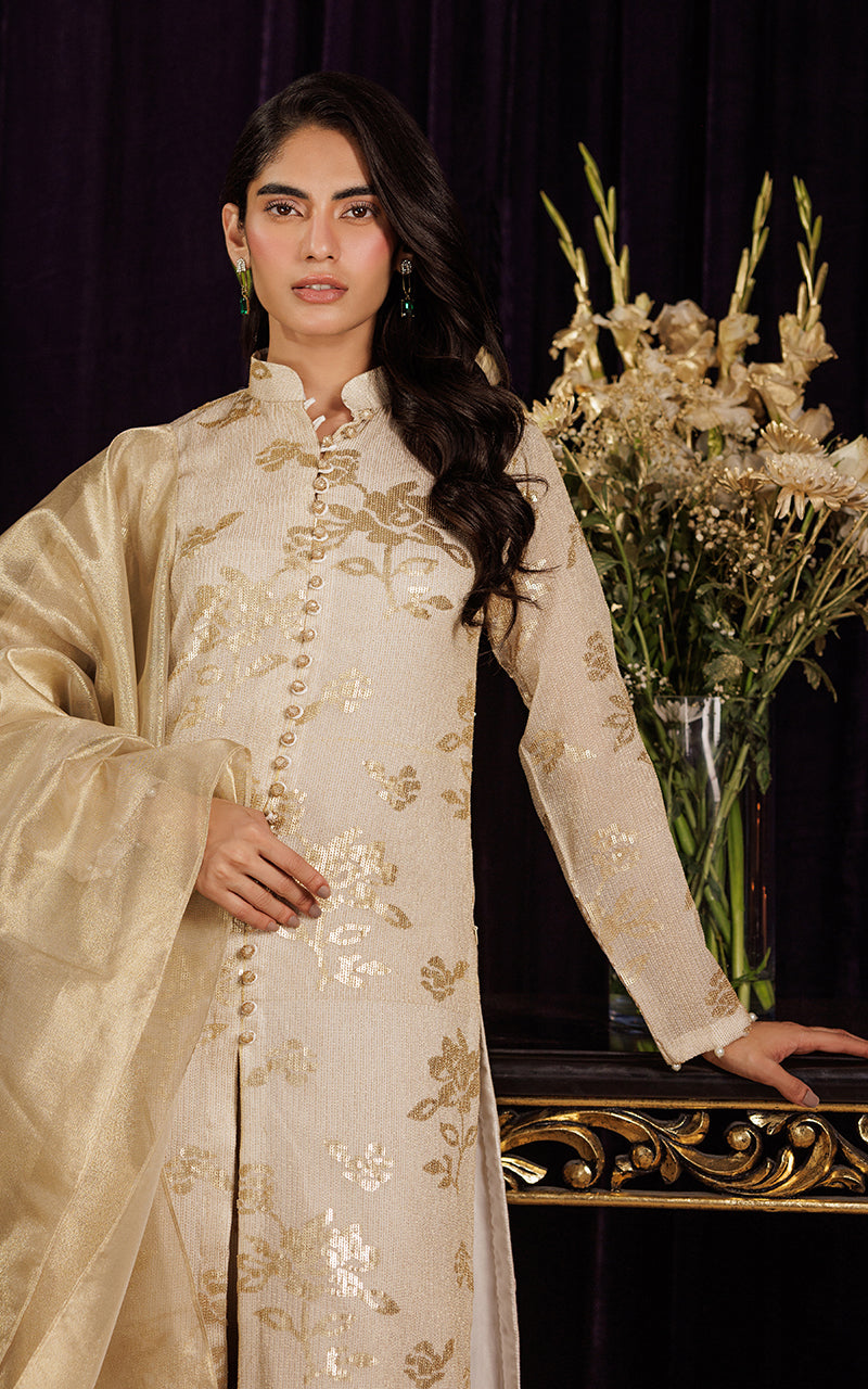 Pakistani Gold Embroidered Chiffon Jacket Dress (3-Piece) - Image 7
