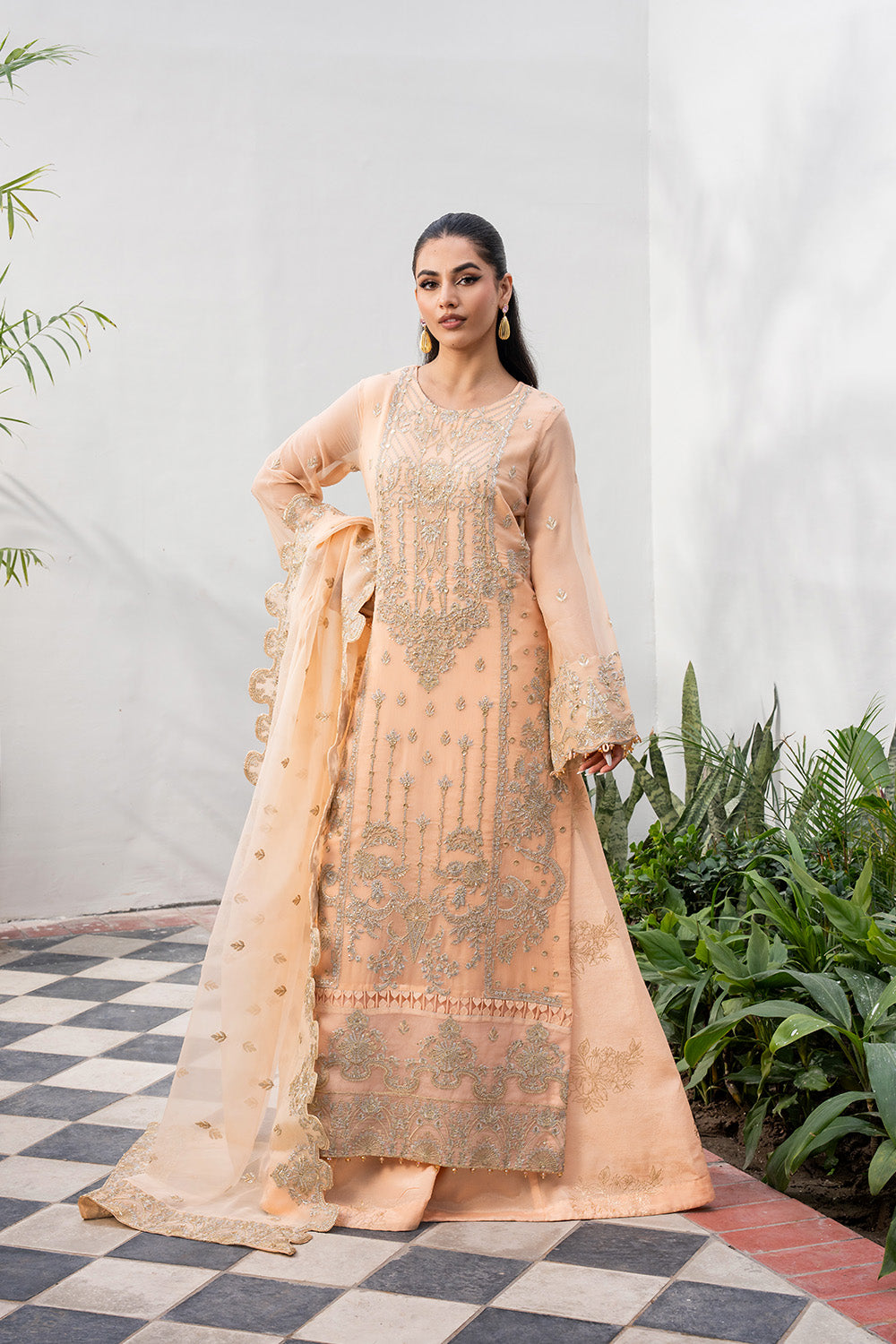 Honey Gold Embroidered Chiffon Organza Salwar Kameez (3-Piece) - Image 1