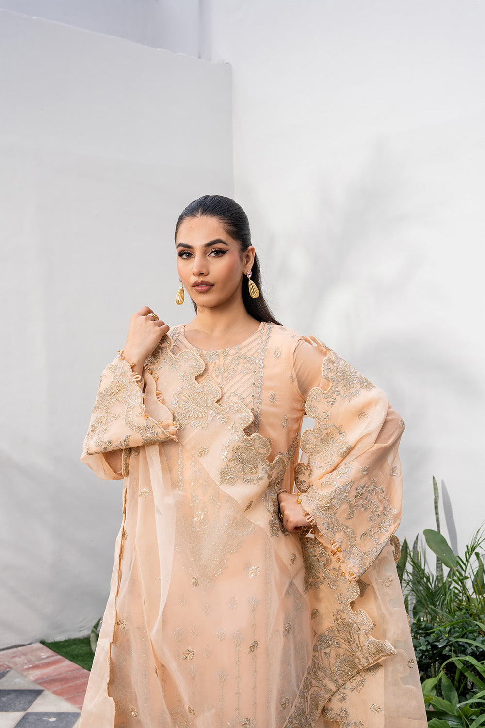 Honey Gold Embroidered Chiffon Organza Salwar Kameez (3-Piece) - Image 2