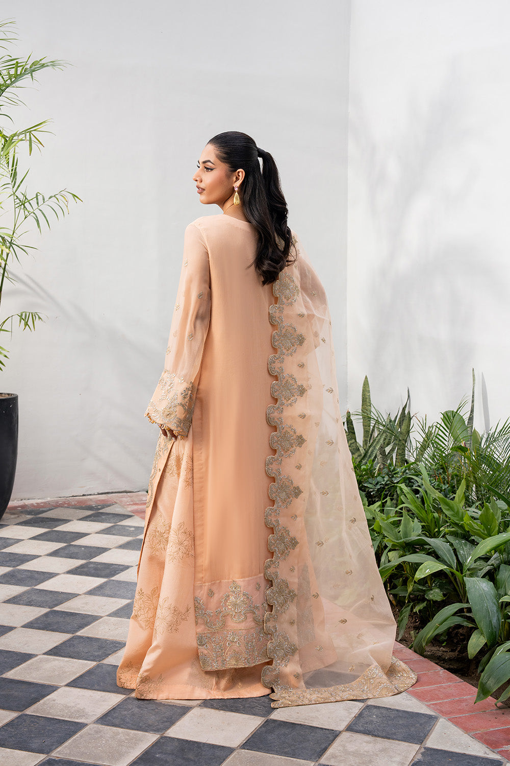 Honey Gold Embroidered Chiffon Organza Salwar Kameez (3-Piece) - Image 3