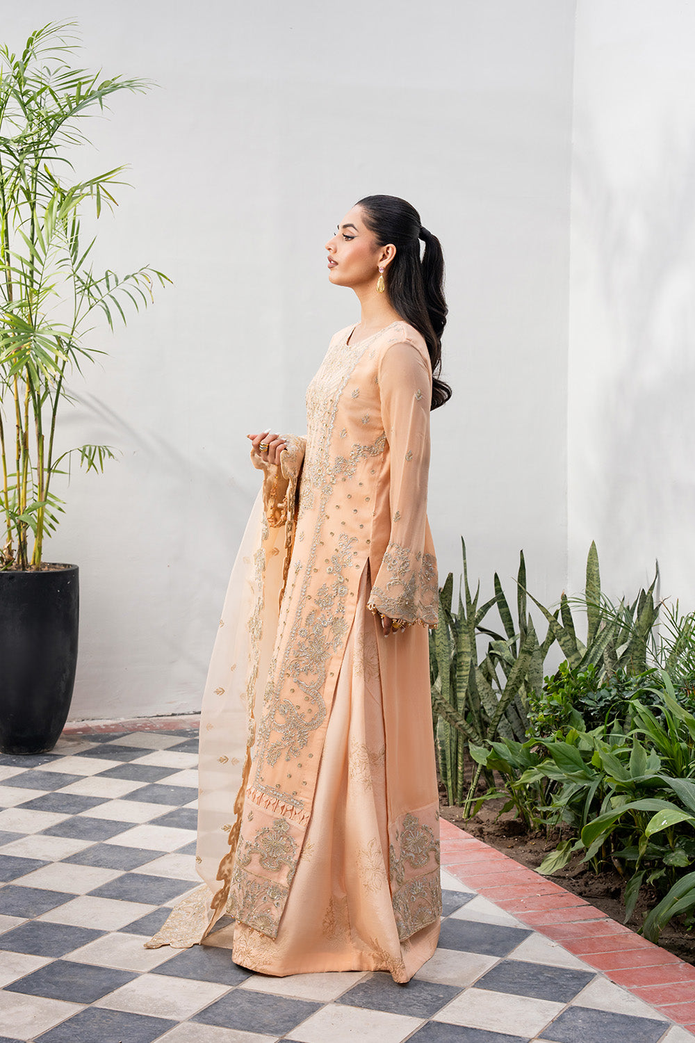 Honey Gold Embroidered Chiffon Organza Salwar Kameez (3-Piece) - Image 4