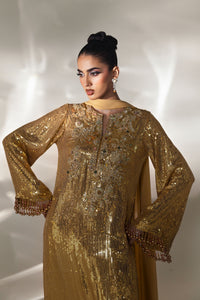 Gold Sequined Chiffon Satin Salwar Kameez (3-Piece) - Image 1