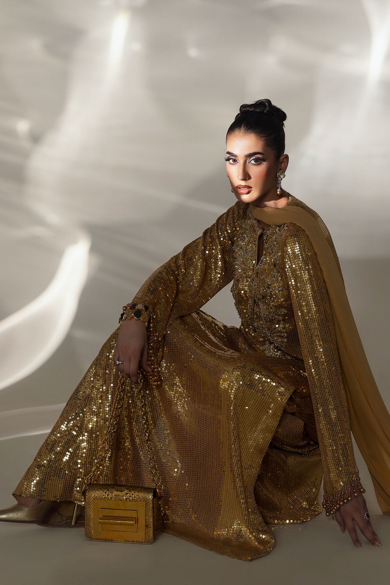 Gold Sequined Chiffon Satin Salwar Kameez (3-Piece) - Image 4