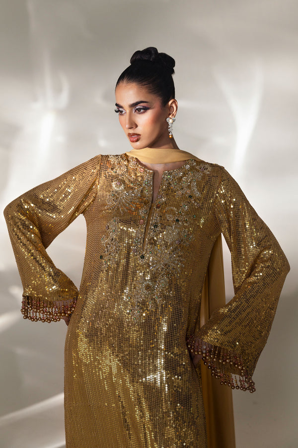 Gold Sequined Chiffon Satin Salwar Kameez (3-Piece) - Image 5