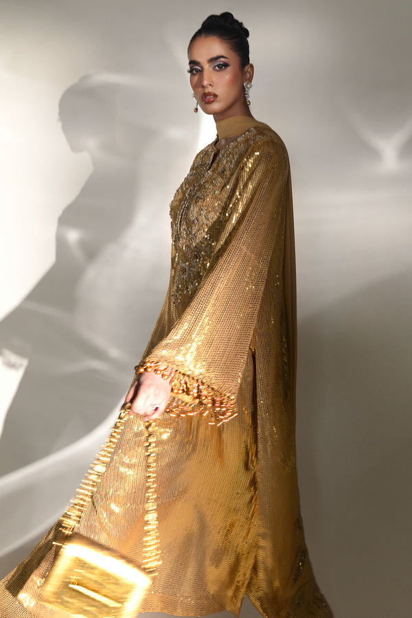 Gold Sequined Chiffon Satin Salwar Kameez (3-Piece) - Image 6