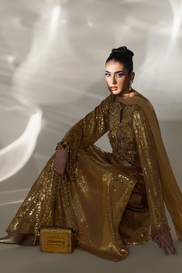 Gold Sequined Chiffon Satin Salwar Kameez (3-Piece) - Image 7