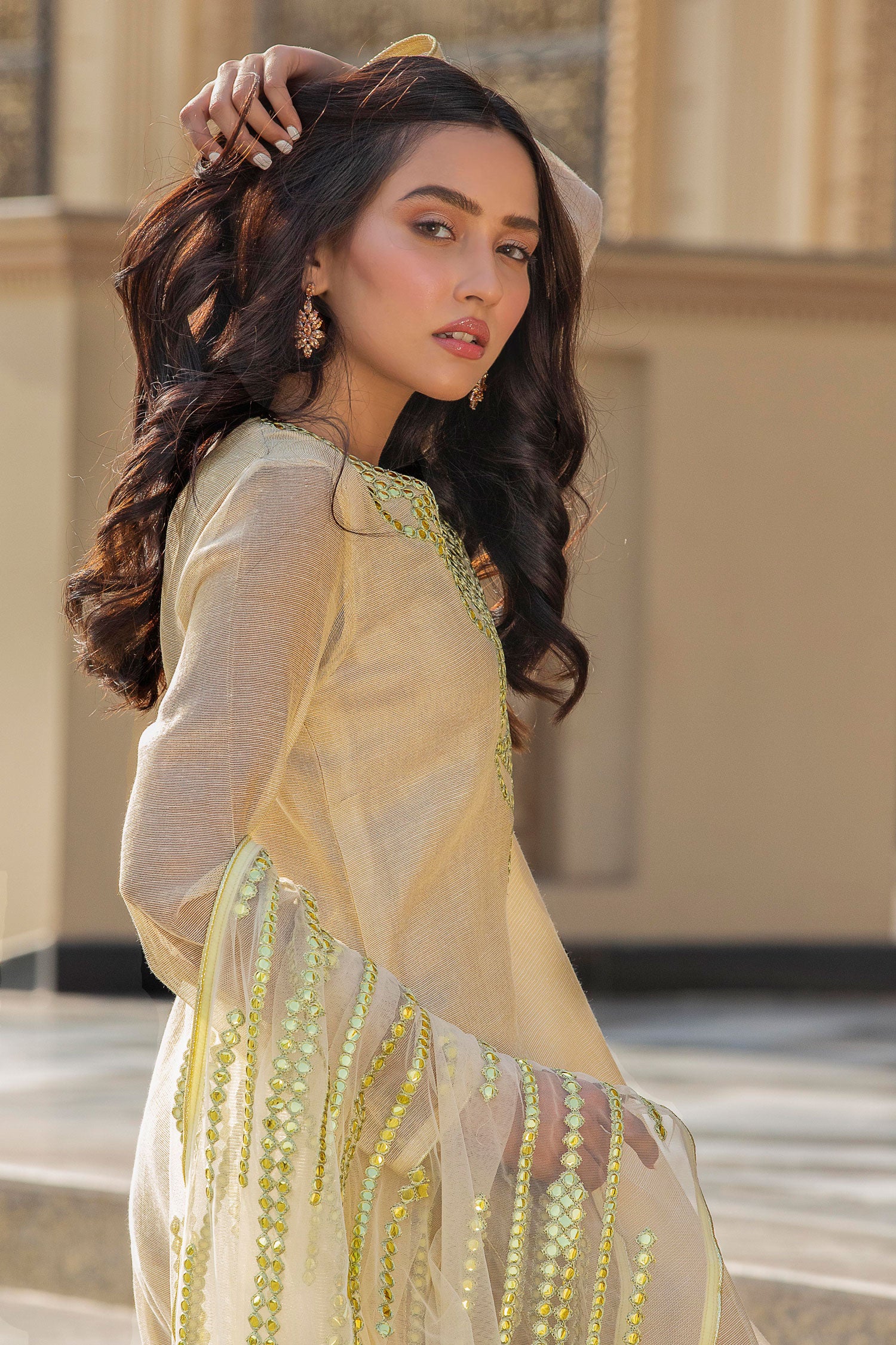 Gold Zari Embroidered Cotton Salwar Kameez (3-Piece) - Image 6