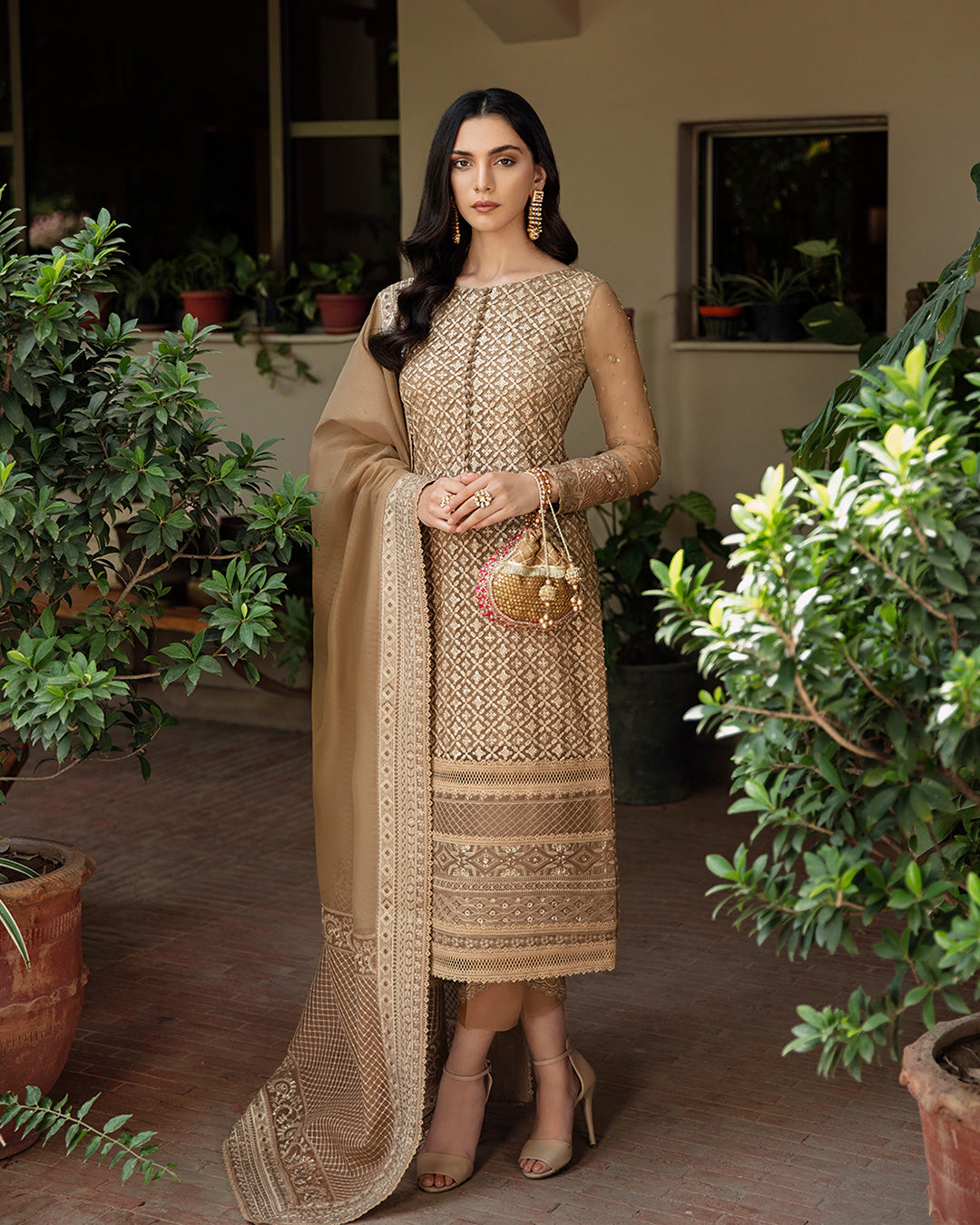 Pakistani Golden Brown Embroidered Net Salwar Kameez (3-Piece) - Image 1