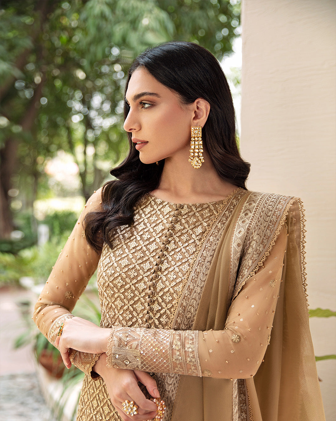 Pakistani Golden Brown Embroidered Net Salwar Kameez (3-Piece) - Image 2