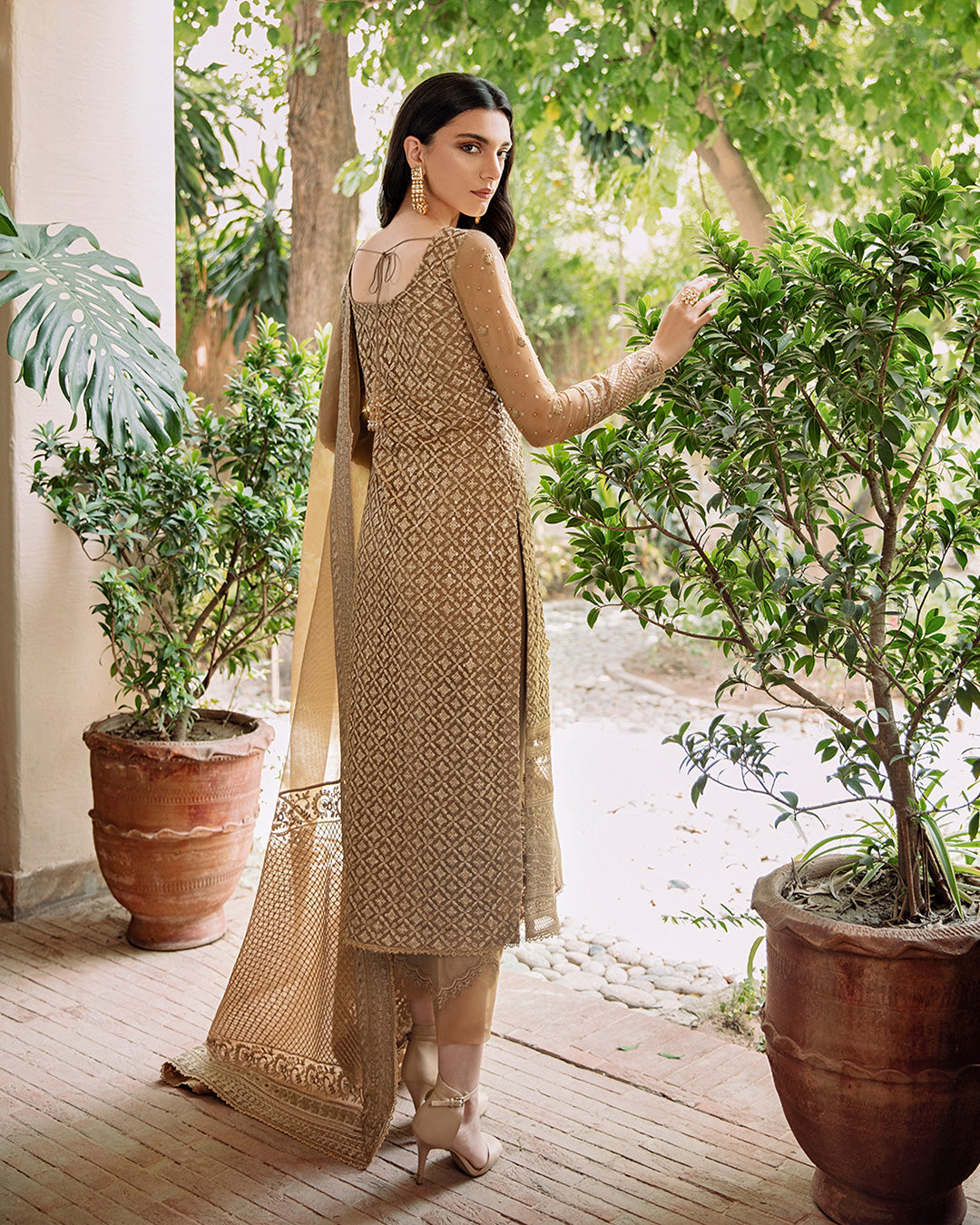 Pakistani Golden Brown Embroidered Net Salwar Kameez (3-Piece) - Image 3