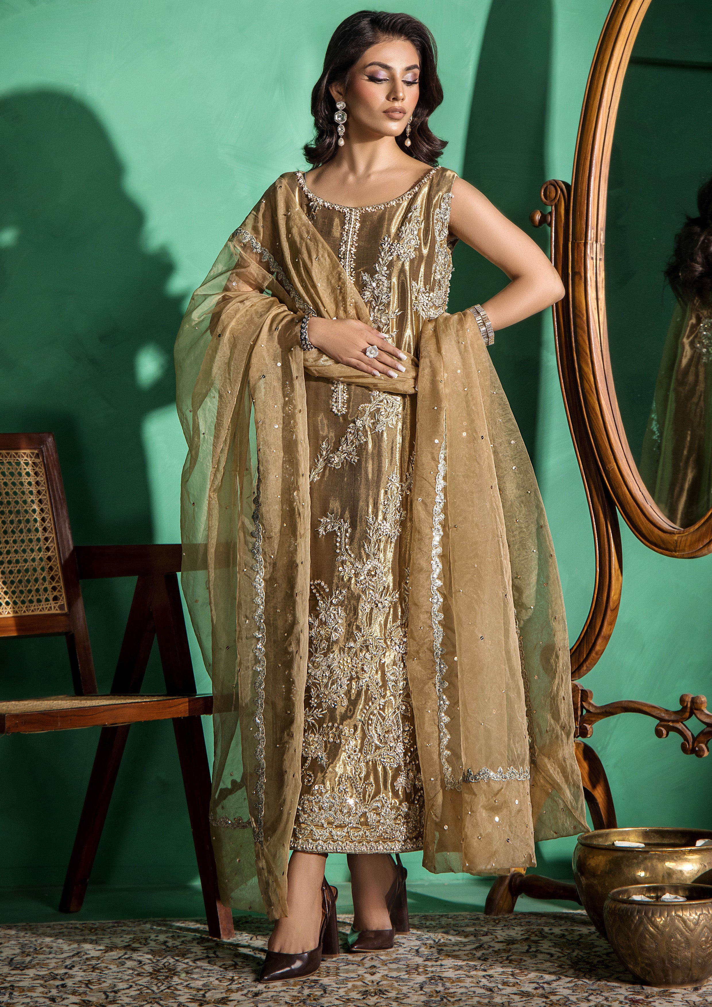 Antique Gold Embroidered Indian Tissue Salwar Kameez (3-Piece) - Image 1