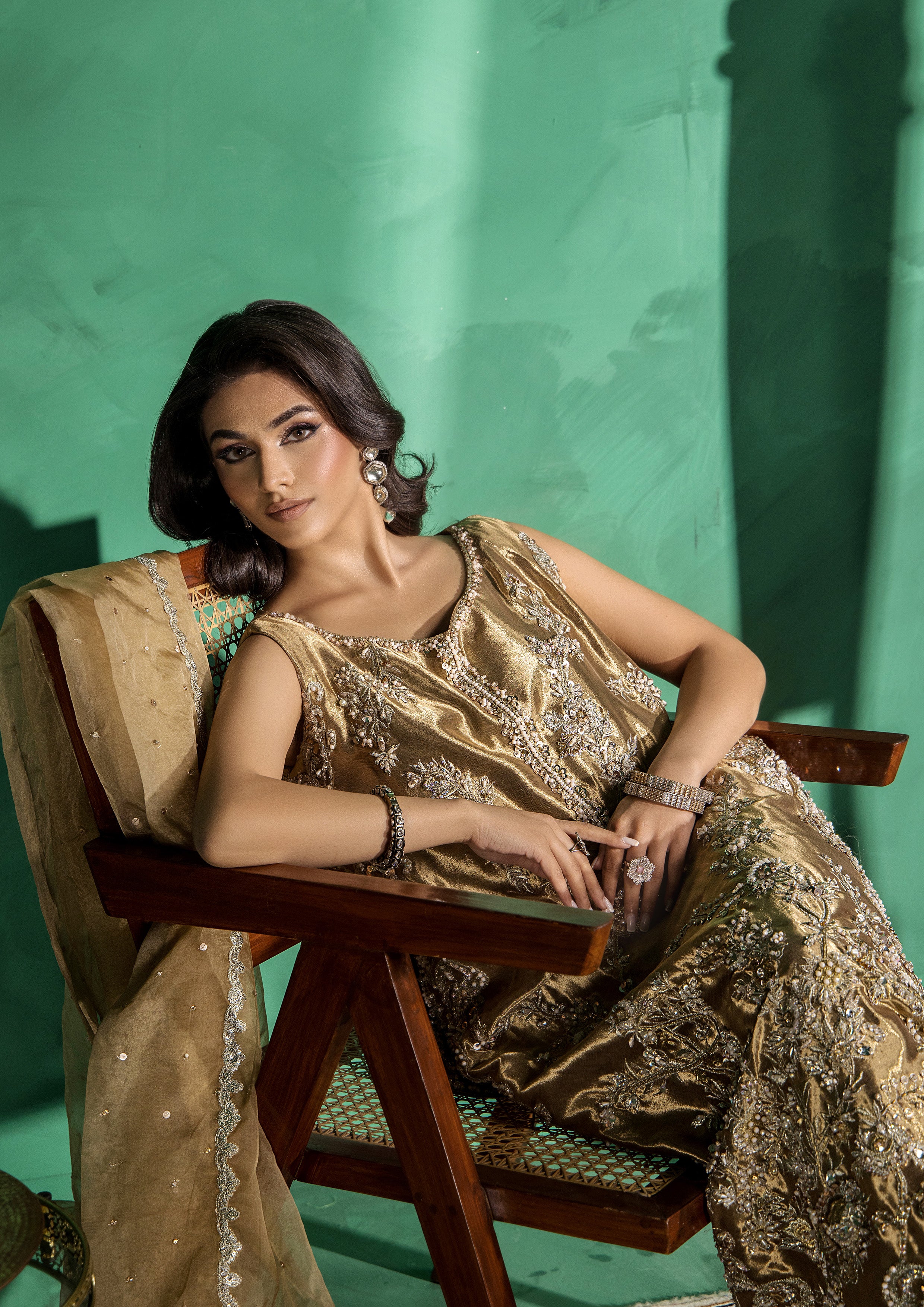 Antique Gold Embroidered Indian Tissue Salwar Kameez (3-Piece) - Image 3